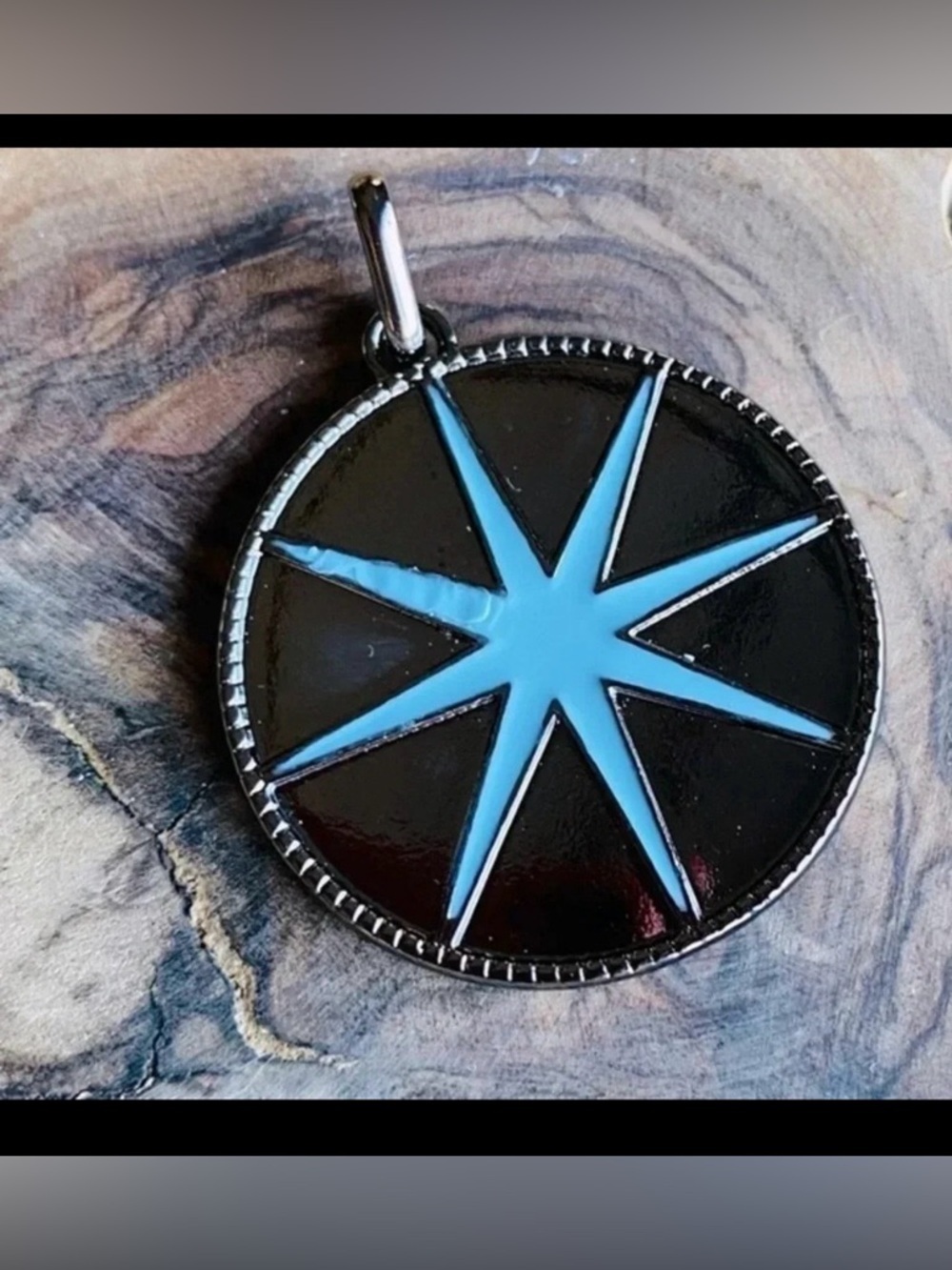 Celestial Aqua Blue Starburst Pendant Slate Gray Enamel Style NWOT